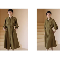 テンセルリネン混紡ワンピース　7分袖ワンピース　シャツ式ワンピース　涼しい　黄緑色　S-XL#243 4枚目の画像