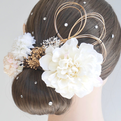 A332 ダリア 髪飾り 水引 クリスタル マム 白 浴衣 七五三 成人式 卒業