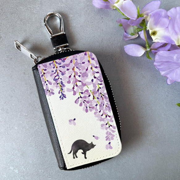 黒猫と藤のスマートキーケース（藤紫） 猫 黒猫 藤 キーケース 花 母の