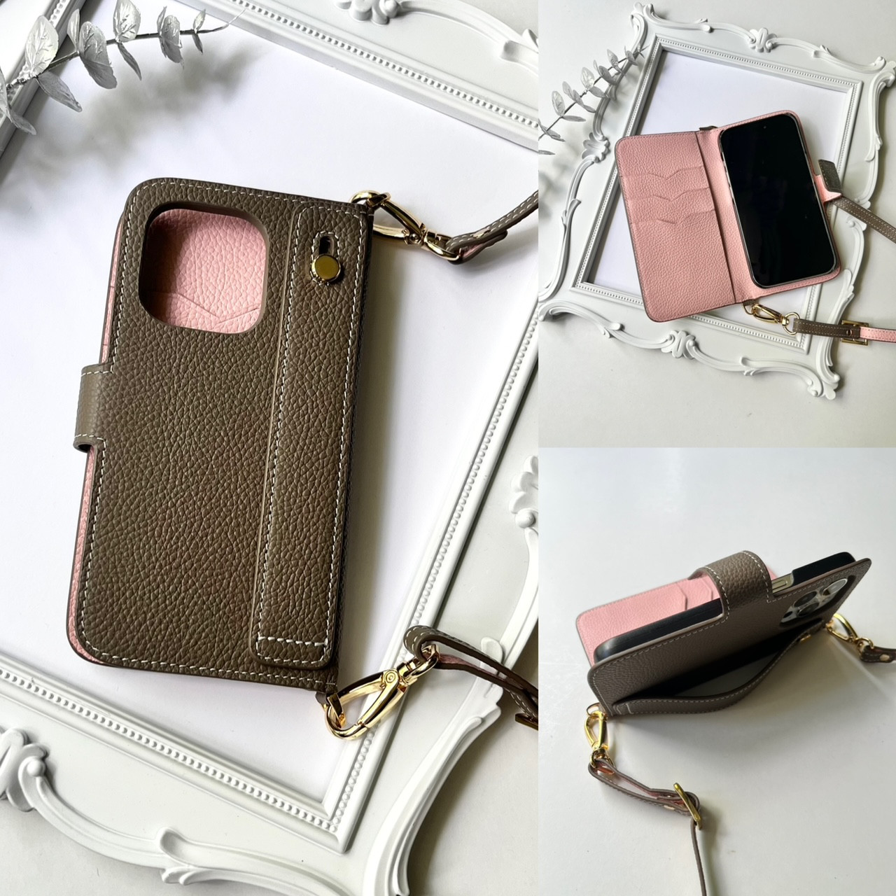 手帳型スマホケース　バイカラーレザー　名入れ無料　ショルダー付き　イニシャルが入れられる　IPHONEケース