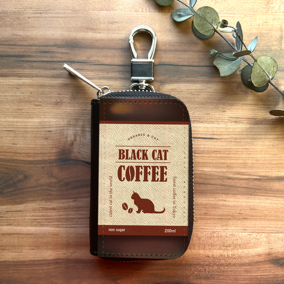 にゃんこコーヒーのスマートキーケース 猫 黒猫 コーヒー メンズ キーケース 喫茶店 2枚目の画像