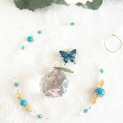 30㎝】幸せ運ぶ「青い蝶」と「勇気の石」ターコイズのサンキャッチャー