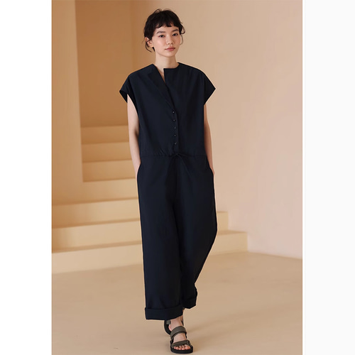 オールインワン サロペット ウエストに紐調整 ネイビー S-XL#245