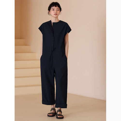 オールインワン サロペット ウエストに紐調整 ネイビー S-XL#245