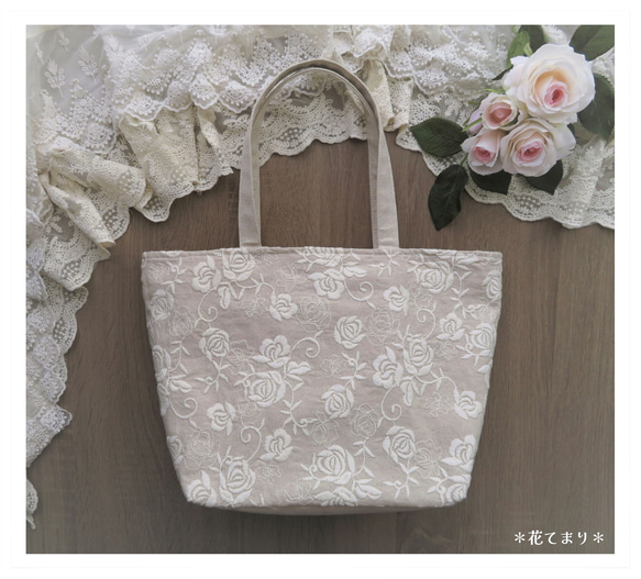 YUWA 薔薇の刺繍 コットンリネンのトートバッグ 1枚目の画像