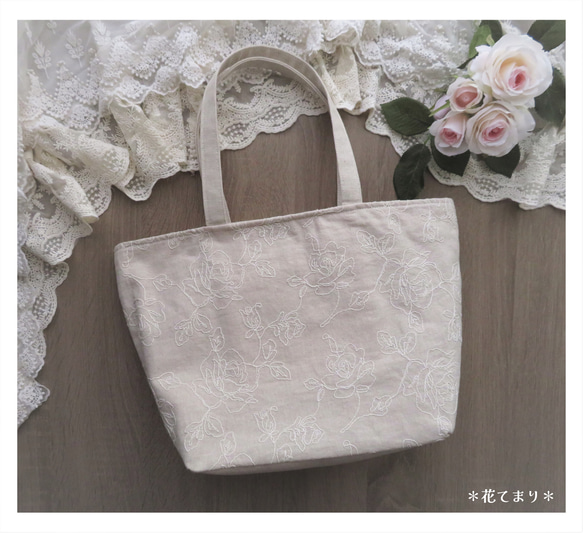 YUWA 薔薇の刺繍 コットンリネンのトートバッグ 2枚目の画像