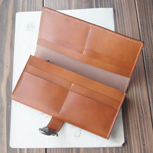 【ハンドメイド】ヌメ革の栗色長財布差し込み錠タイプ ハンドメイド】ヌメ革の栗色長財布差し込み錠タイプ