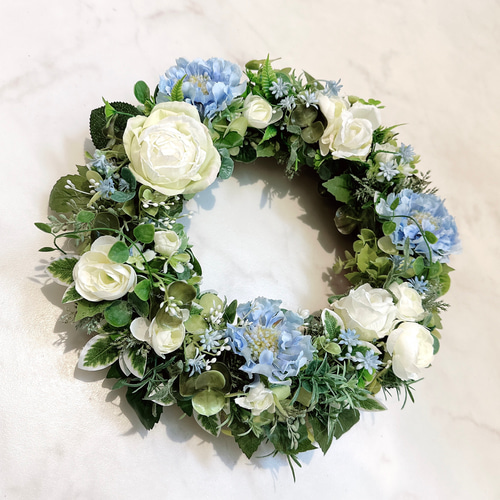 アーティフィシャルフラワーリース ホワイト×ブルー/25cm リース 美