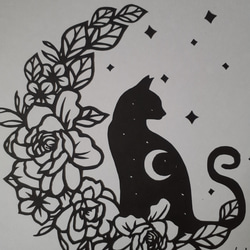 切り絵アート　星空の猫とバラの花 4枚目の画像