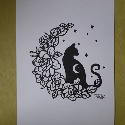切り絵アート 星空の猫とバラの花 切り絵 makochin 通販