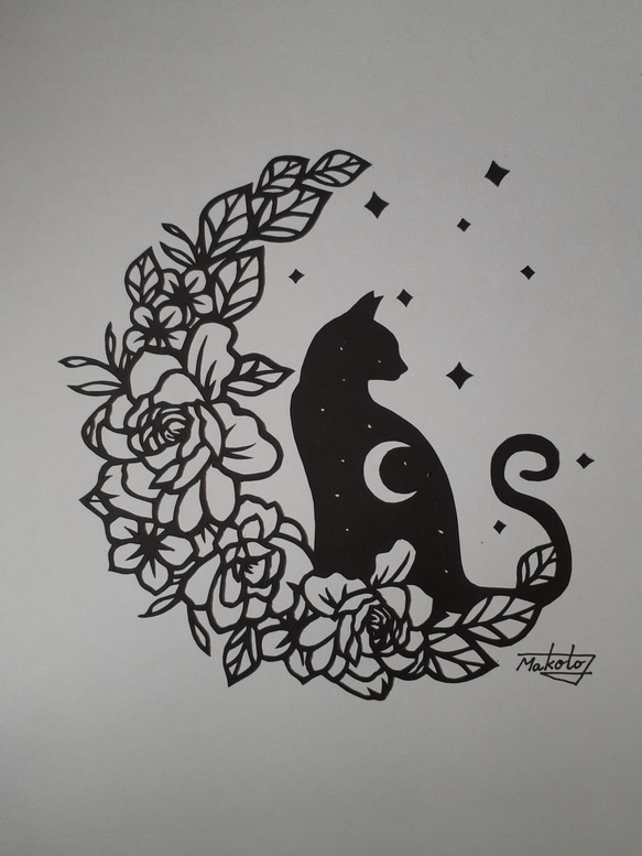 切り絵アート 星空の猫とバラの花 切り絵 makochin 通販 16005995