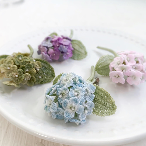 パープル 紫陽花ブローチ レース編みアクセサリー あじさい アナベル