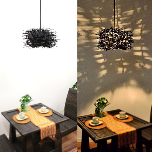 E-17 LED電球標準 吊り下げ 天井照明 ラタン 35cm×19cm ブラック