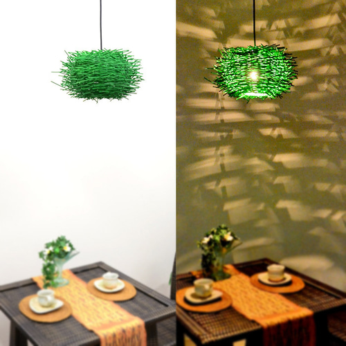 E-17 LED電球標準】吊り下げ照明 籐 ラタン35cm×19cm グリーン