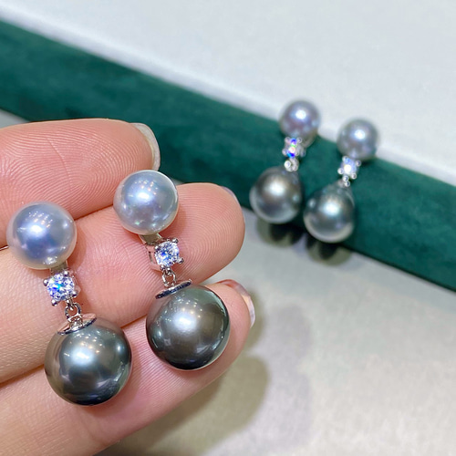 高級】タヒチ黒蝶真珠&あこや真珠 ピアスs925 ピアス（スタッド・一粒  