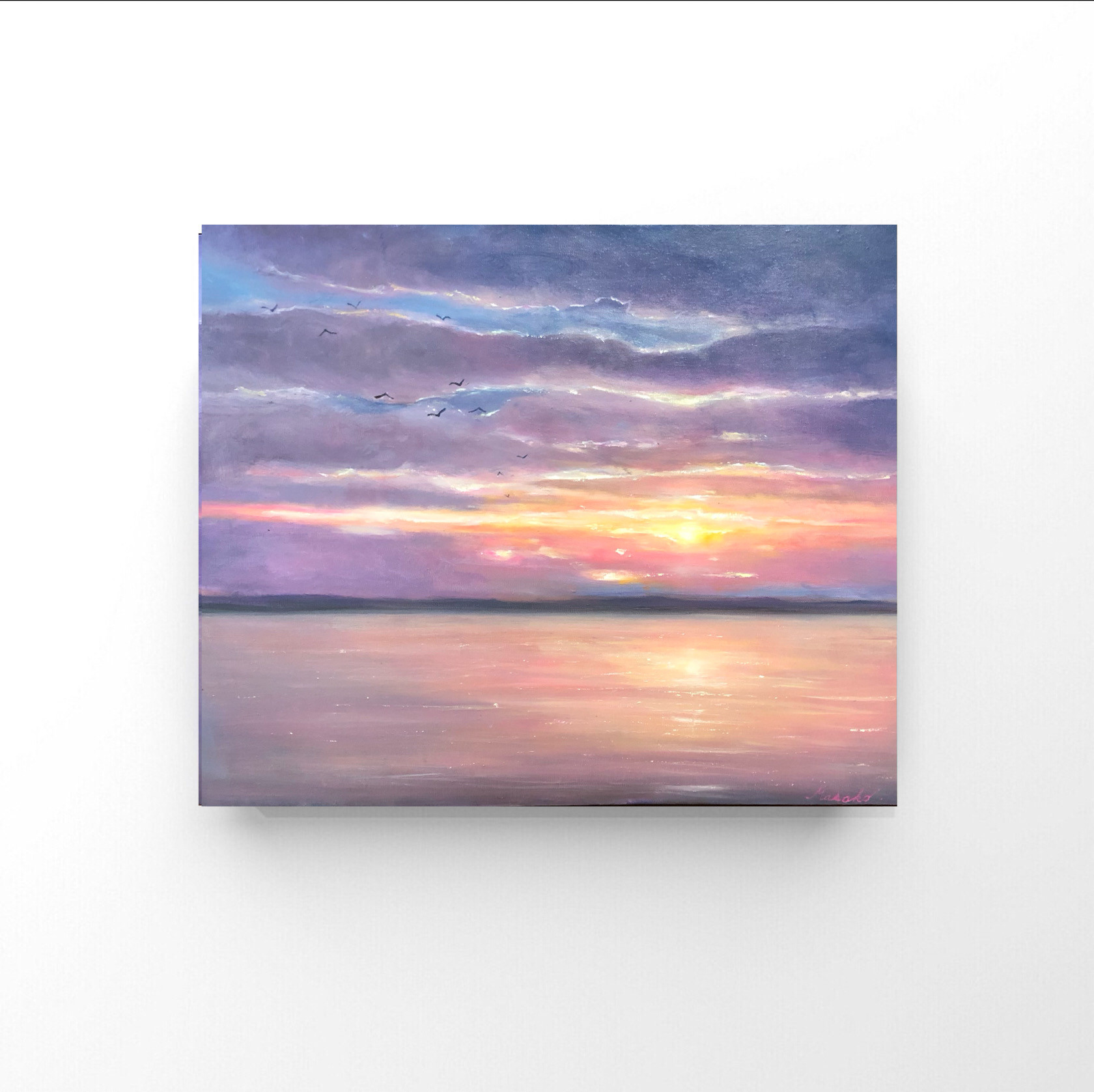 油絵 原画 オリジナル「 夕焼けの海と鴎達 」 送料無料 絵画