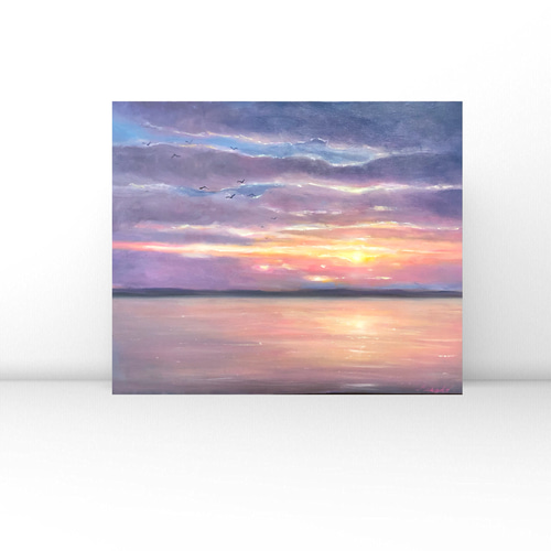 夕日が照らす海】アクリル画 F6 風景画 絵画 原画