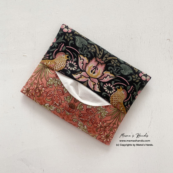 おしゃれな ウィリアムモリス ピンク系 パッチワーク いちご泥棒 花柄 ポケットティッシュ ケース 2枚目の画像