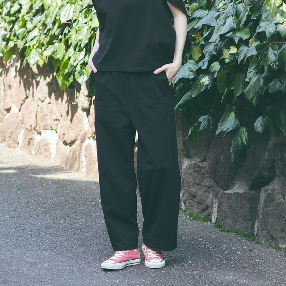 森野學校彈性夏季寬褲（黑色）| mg-pt09-bk 第1張的照片