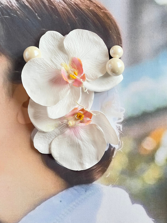 大きな胡蝶蘭髪飾りセット＊カスミ草・パール追加可能＊ヘッドドレス＊ウェディング＊前撮り＊和装＊白無垢＊コチョウラン 9枚目の画像