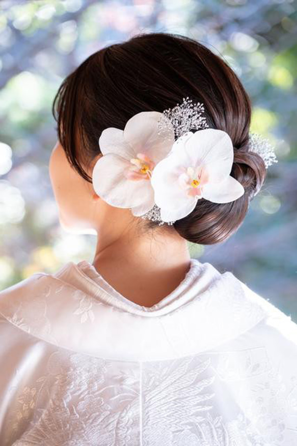 大きな胡蝶蘭髪飾りセット＊カスミ草・パール追加可能＊ヘッドドレス＊ウェディング＊前撮り＊和装＊白無垢＊コチョウラン 2枚目の画像