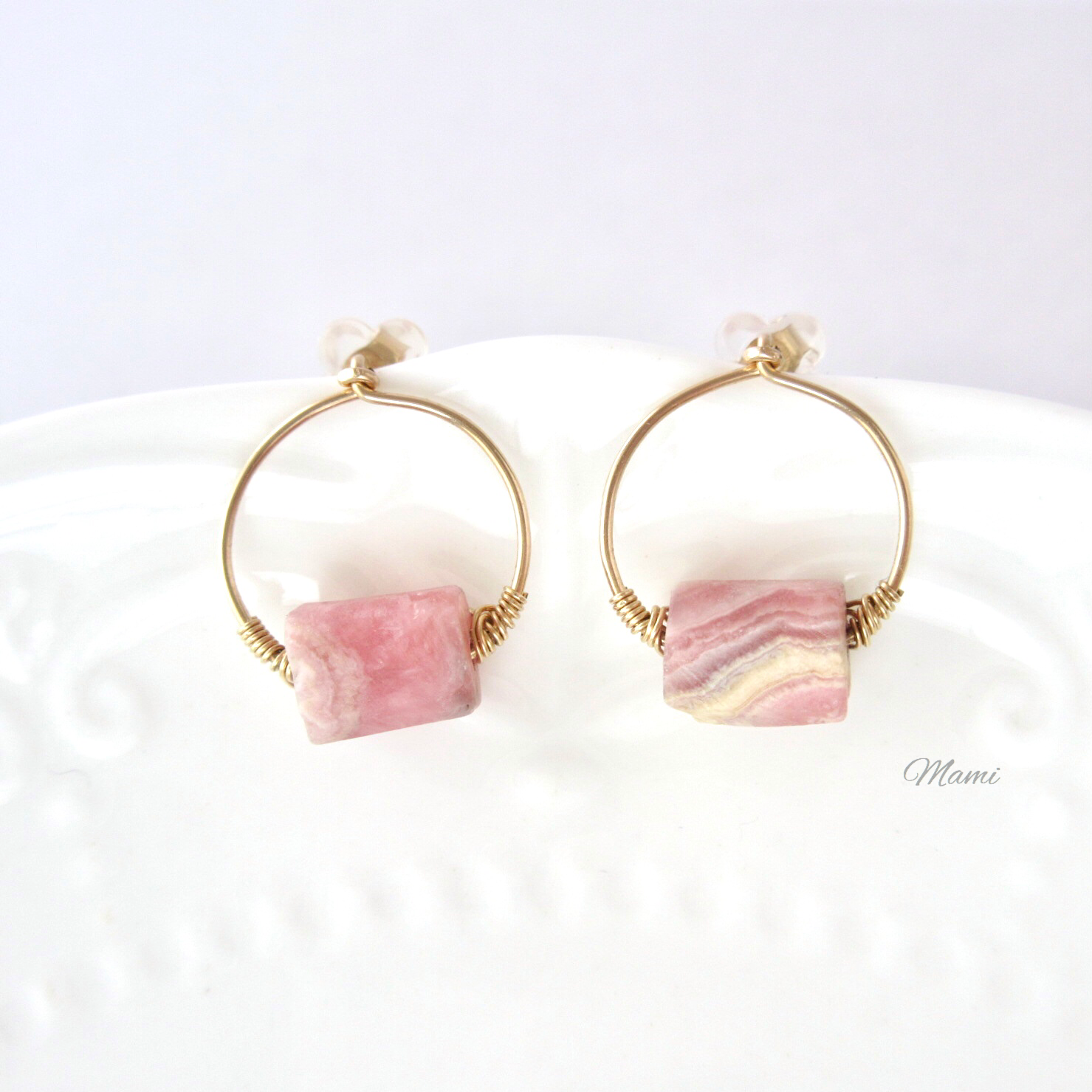 14KGF ラフカットインカローズのサークルラインピアス