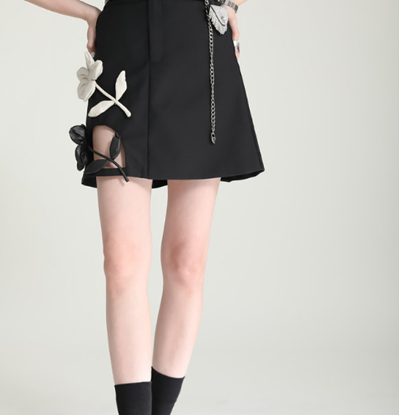 人気です!黒のハーフスカートの女性パッチワークの花のaラインのスカート  3170 4枚目の画像