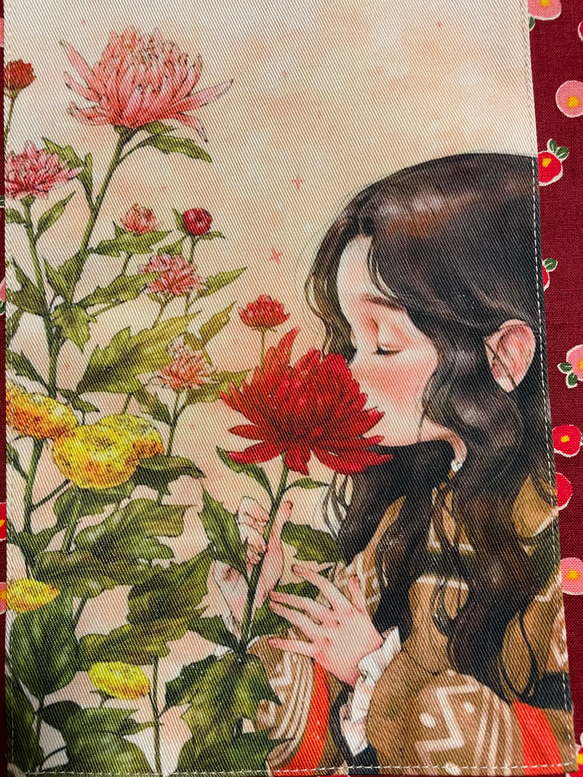 ぺたんこトートバッグ　赤い花と女の子 2枚目の画像