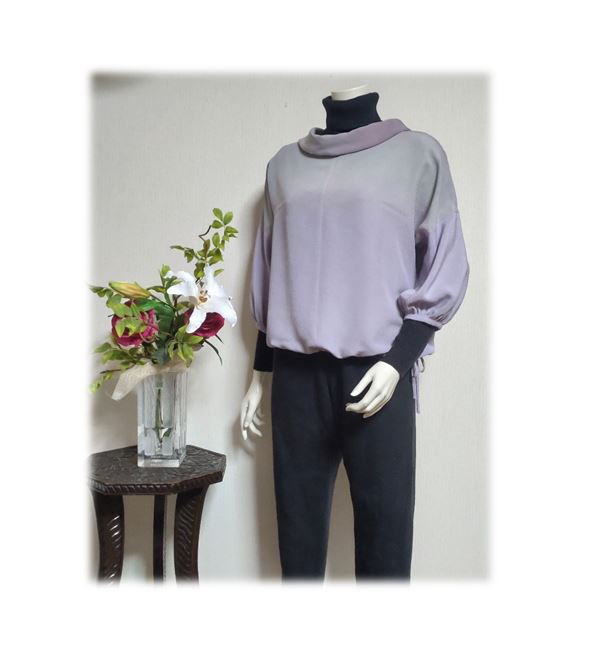 72　レトロ衿正絹着物プルオーバーブラウス（紫系／グリーン系グラデ―ション）