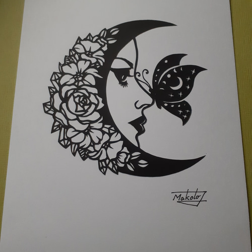 切り絵の一閑張り「お月見」値下げ 切り絵アート 花月と蝶と美女 切り絵 makochin 通販 16008052