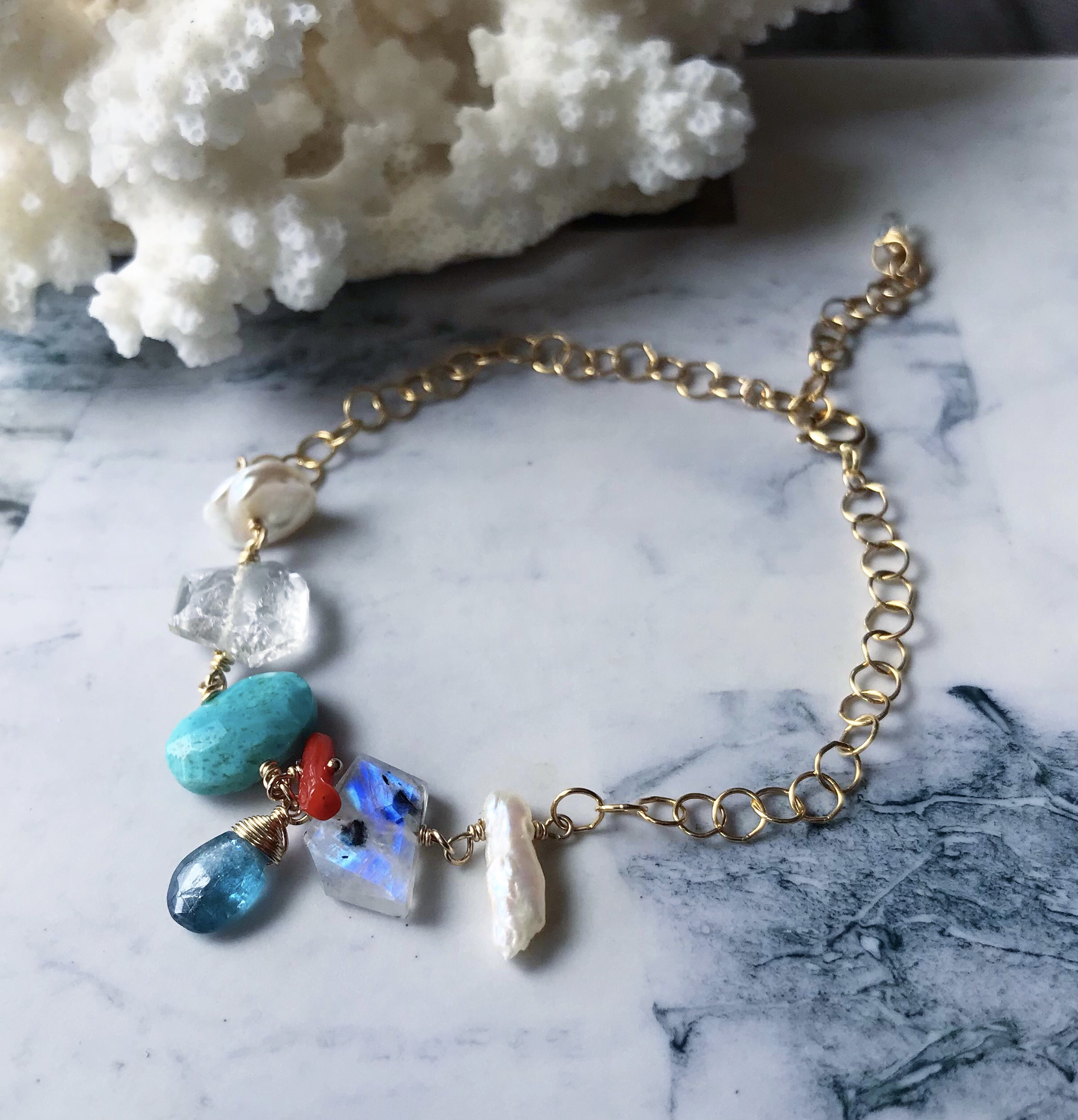『再販』【K14gf】アクアカイヤナイトとターコイズのマリンブレスレット