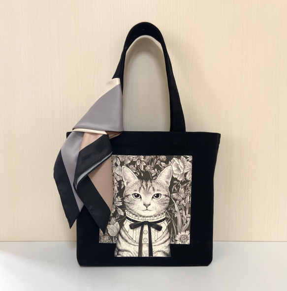オリジナル 猫 トートバッグ 手描きイラスト複製 鞄 ツイリー スカーフ