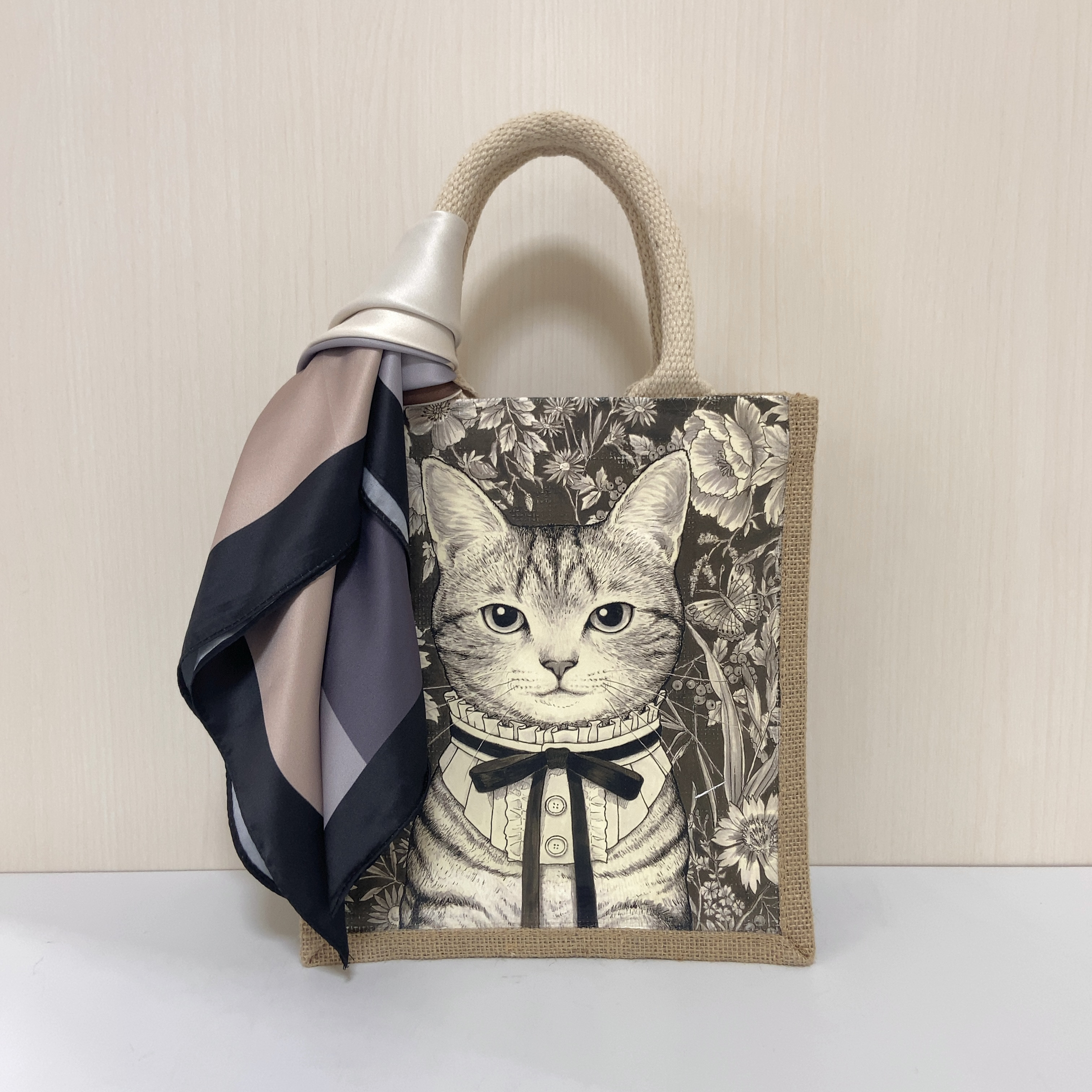 オリジナル 猫 イラスト プリント ジュートバッグ size S スカーフ