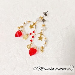 イベント☆ライブに！キラキラハートとパールとコインお星様のピアス♥ Red ♥チタンピアス  イヤリング変更可 2枚目の画像