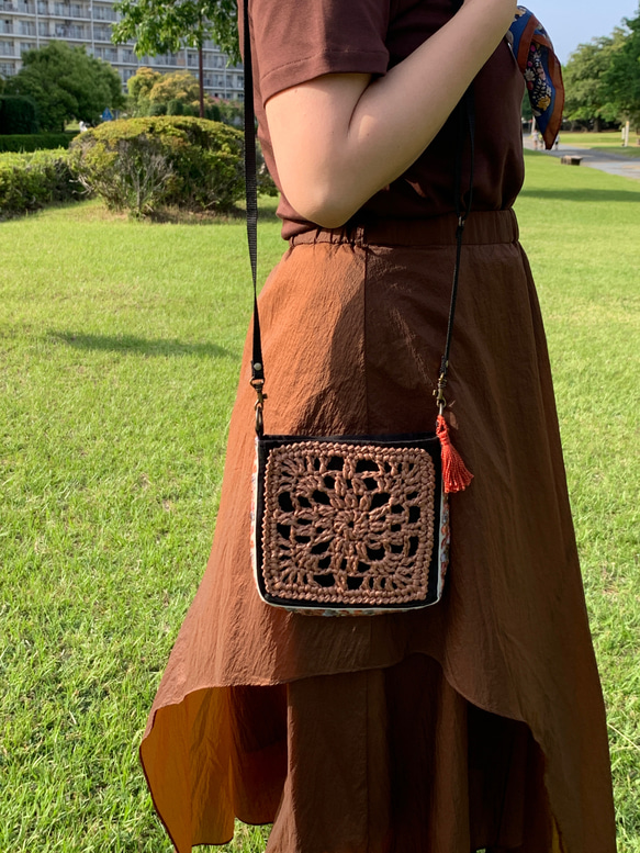 刺しゅうリボンスクエアショルダーBAG <15-brown×Orangeリボン > 13枚目の画像