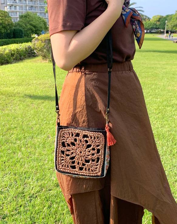 刺しゅうリボンスクエアショルダーBAG <15-brown×Orangeリボン > 12枚目の画像