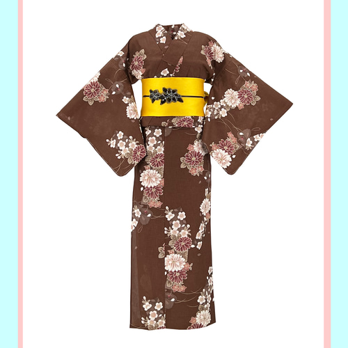 京染浴衣 浴衣単品 「桜と菊と風鈴」 薄茶地 箔入り 綿紅梅 綿
