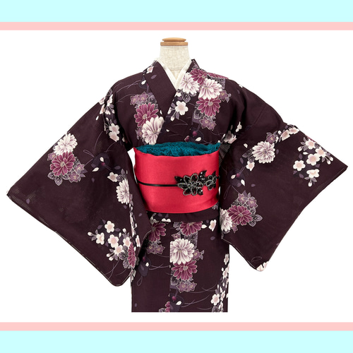 京染浴衣 浴衣単品 「桜と菊と風鈴」 小豆色地 箔入り 綿紅梅 綿