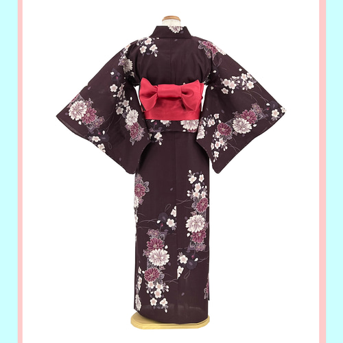 京染浴衣 浴衣単品 「桜と菊と風鈴」 小豆色地 箔入り 綿紅梅 綿