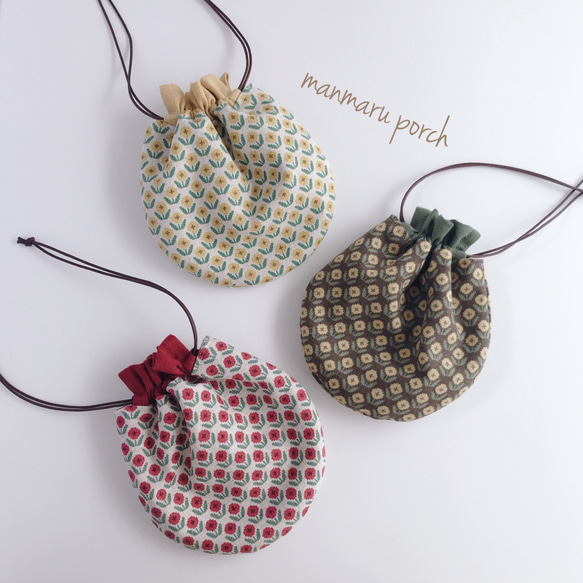 まんまる 巾着ポーチ】刺子風ステッチクロスのチューリップ柄 選べる  