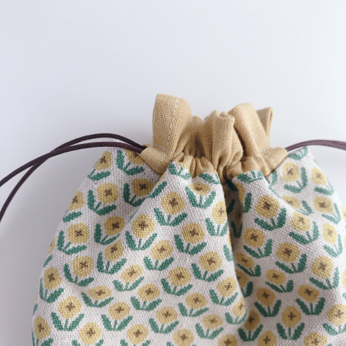 まんまる 巾着ポーチ】刺子風ステッチクロスのチューリップ柄 選べる  