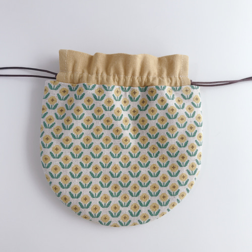 まんまる 巾着ポーチ】刺子風ステッチクロスのチューリップ柄 選べる  