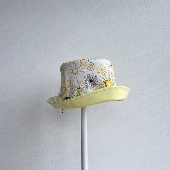 58cm お花柄 クローシュハット たためる帽子黄色 大人可愛い バケハ オーガニックコットン 10枚目の画像