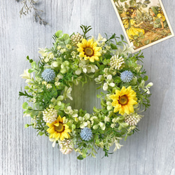 ミニひまわりと瑠璃玉アザミのリース*・゜ アートフラワー La