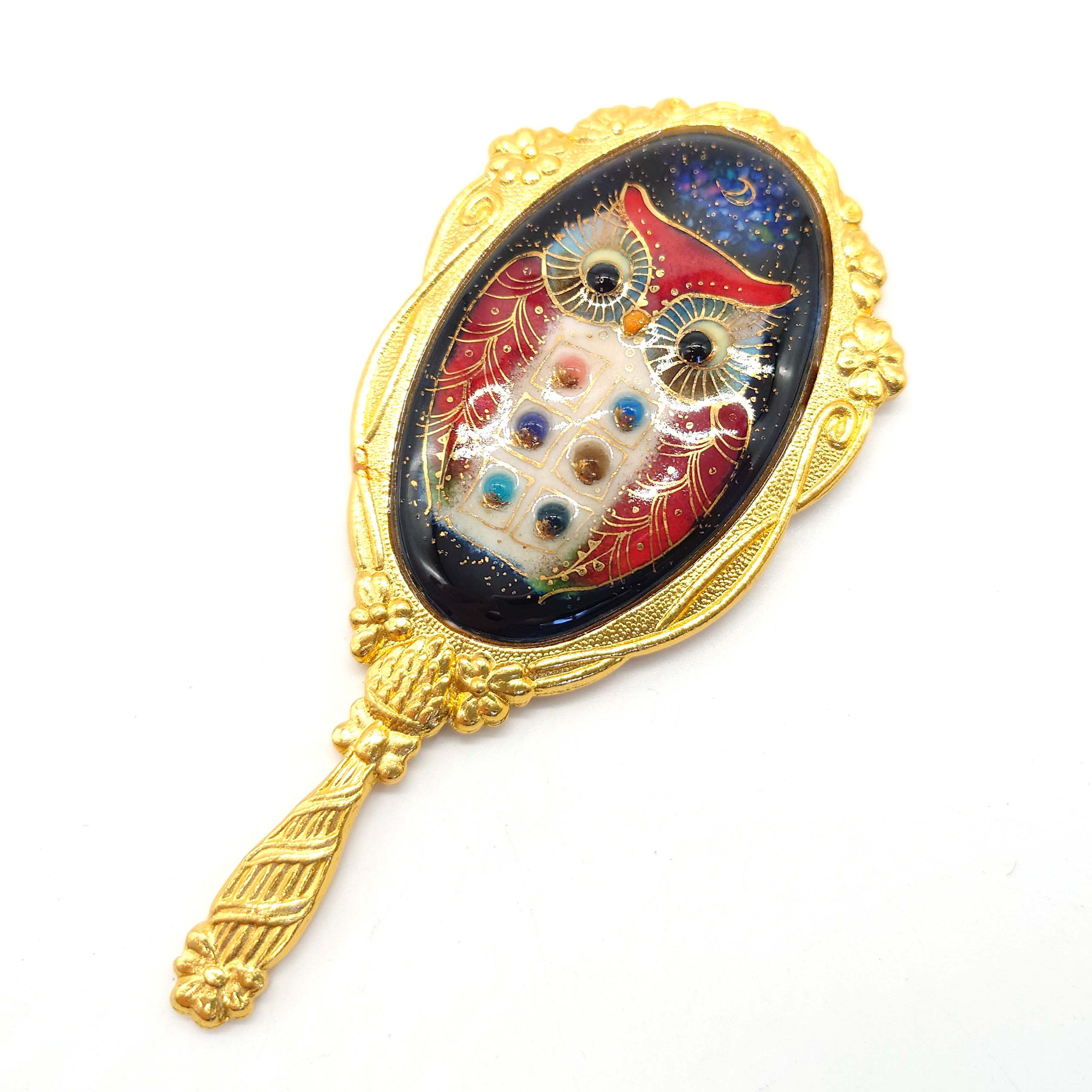 ふくろうの七宝焼手鏡【受注制作】