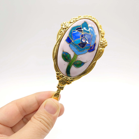 青いバラの七宝焼手鏡【受注制作】 3枚目の画像