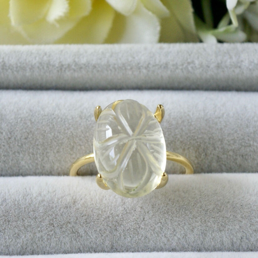 【受注制作】レモンクォーツ　カーヴィングストーン　7号〜フリーサイズリング　シルバー925　14x10mm