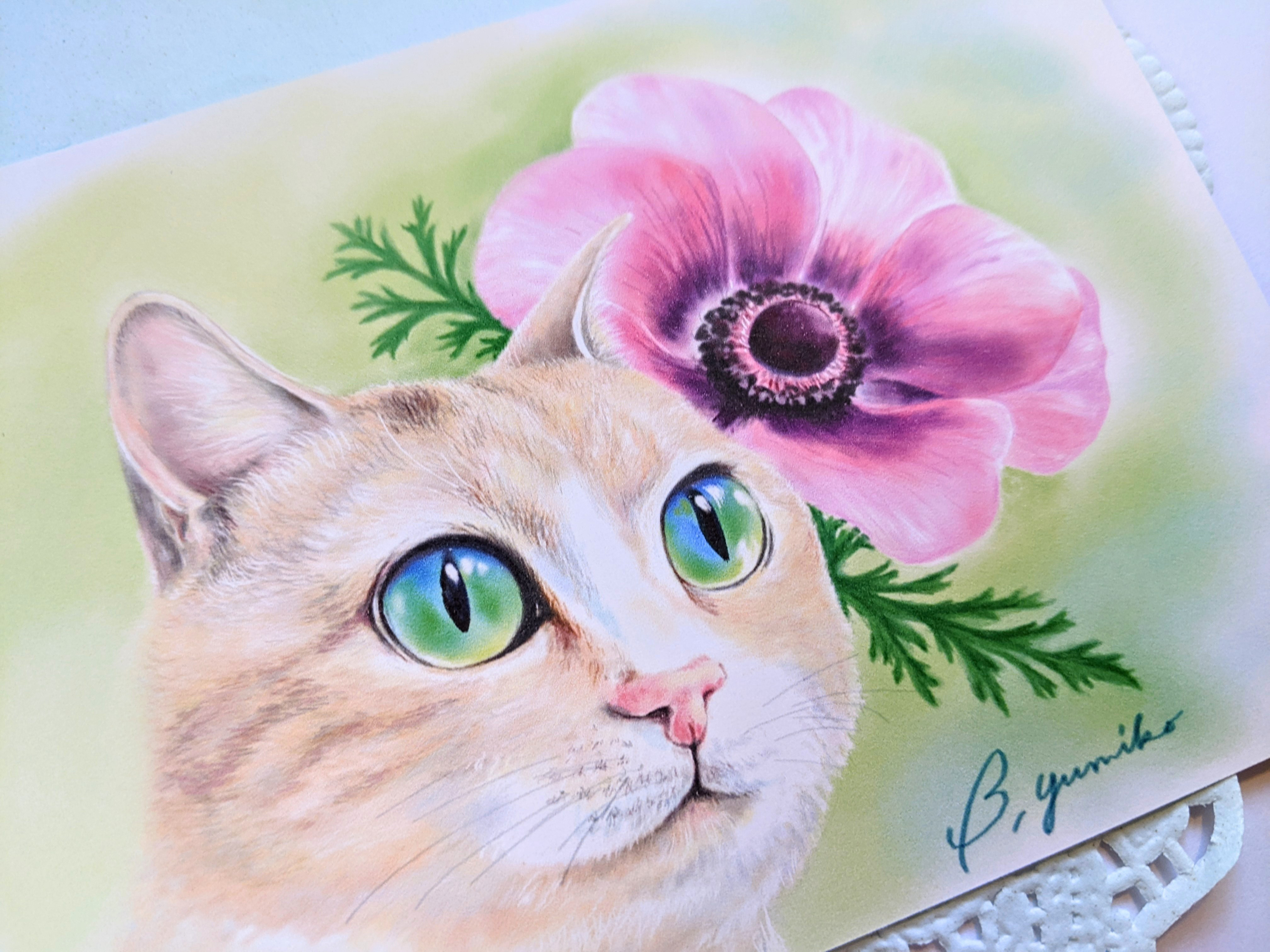 花畑と猫　ハンドメイド　絵画