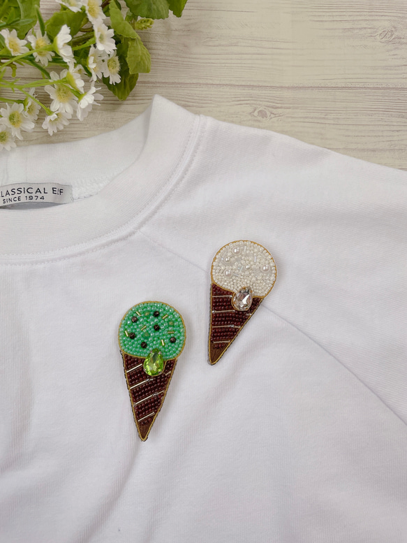 ビーズ刺繍ブローチ【アイスクリーム/チョコミント】 7枚目の画像
