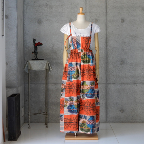 着物リメイク 青梅夜具地のサロペットワイドパンツ / フリーサイズ